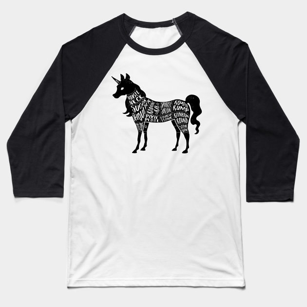 Unicorn - Fantasy Butcher Cuts of Meat - Black Baseball T-Shirt by AliceQuinn